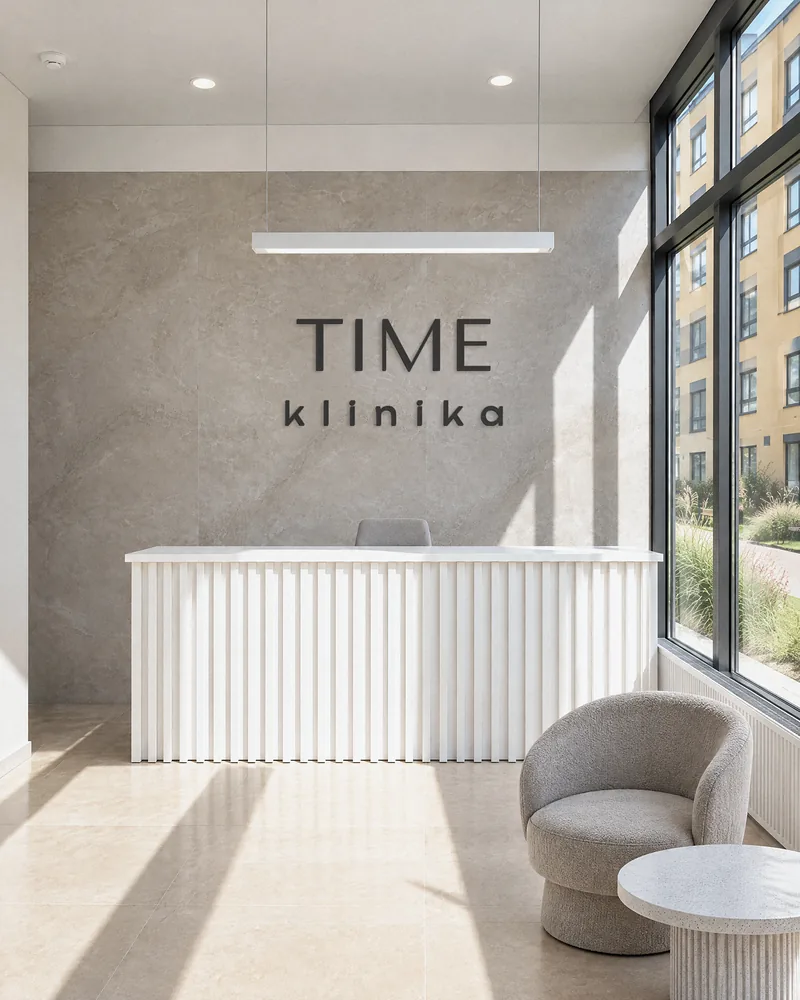 TIME klinikos registratūra dienos šviesoje: TIME klinika logotipas ant marmurinės sienos, baltas registratūros stalas ir poilsio zona prie lango